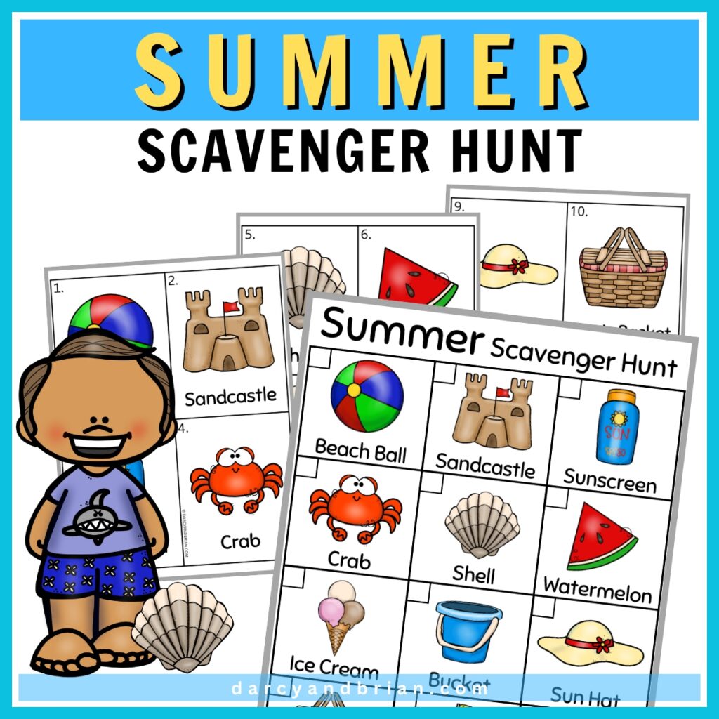 Mockup of printable scavenger hunt activity for preschoolers with summer vacation theme.