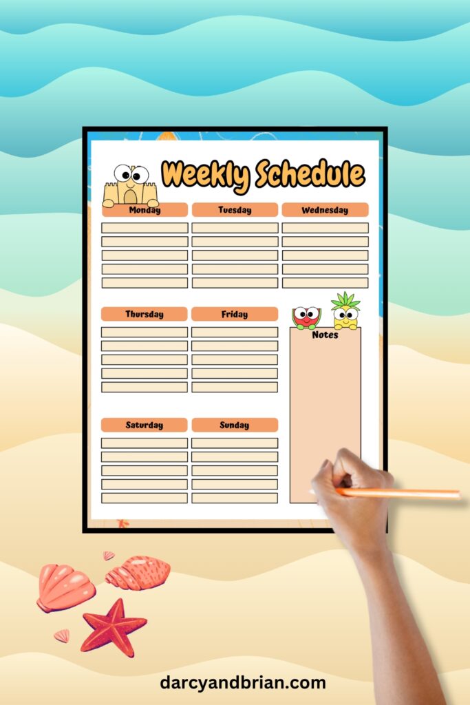 Child holding pencil with right hand over printable weekly schedule notes box.