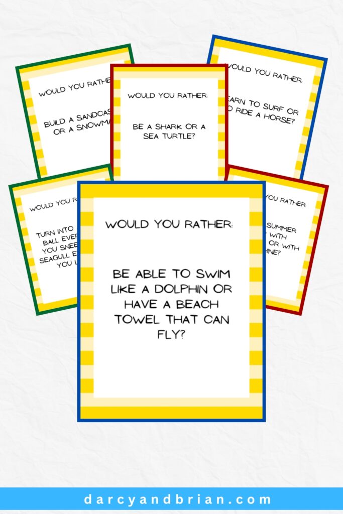 Six task cards with summer themed questions on them fanned out behind a larger card.