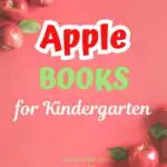 Text says Apple Books for Kindergarten in the center. The background is light red with piles of apples in the opposite corners.