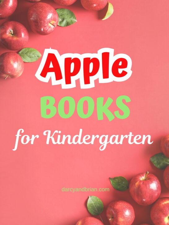 Text says Apple Books for Kindergarten in the center. The background is light red with piles of apples in the opposite corners.