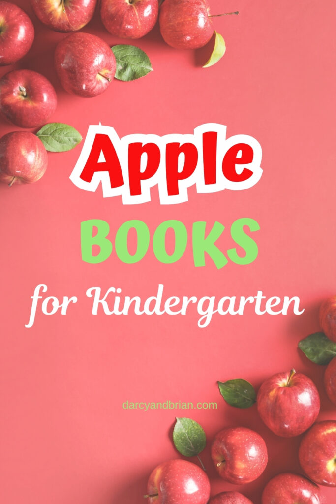 Text says Apple Books for Kindergarten in the center. The background is light red with piles of apples in the opposite corners.