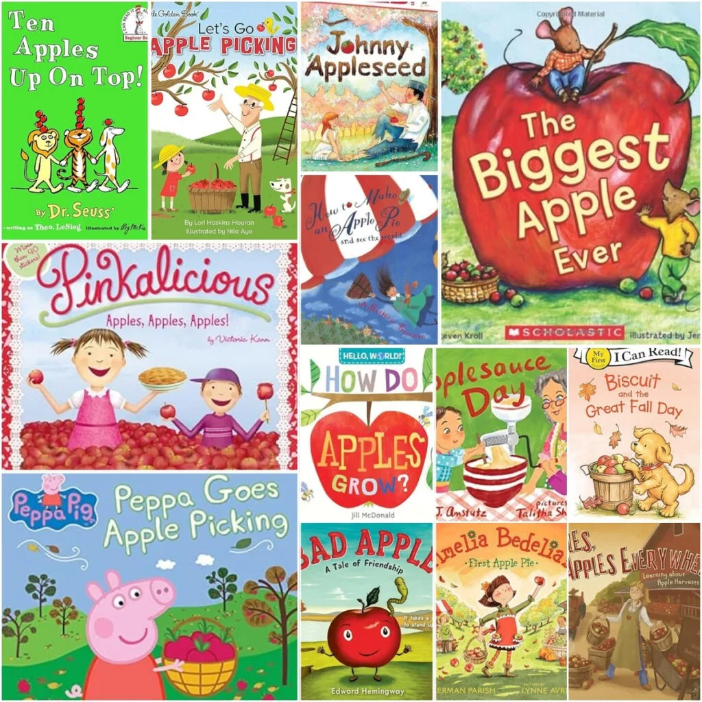 Collage of over ten covers of books about apples. These books are suitable for kindergarten children.