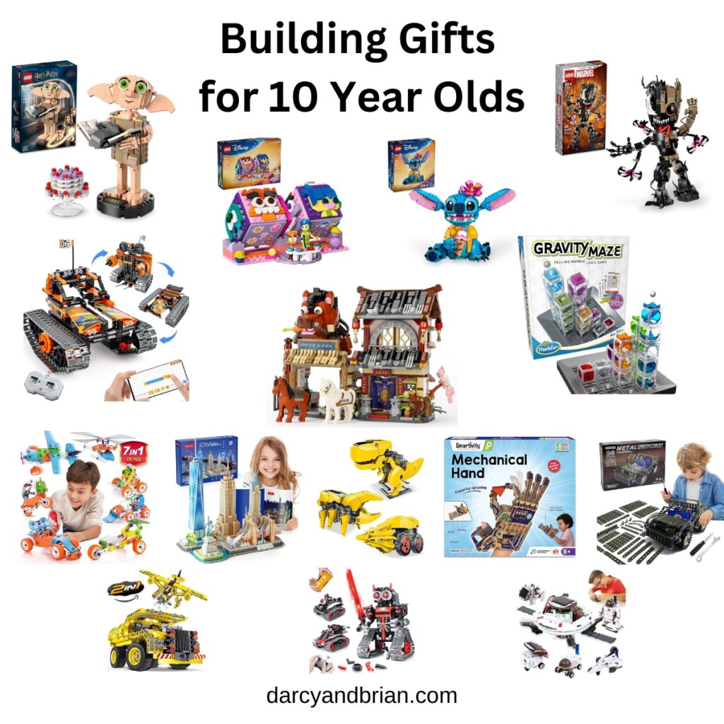 A collage image of various building kits that make great presents for older kids.