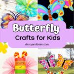 Collage of different butterfly craft projects. Includes coffee filters, toilet paper roll, suncatcher, and a mask.