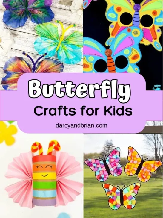 Collage of different butterfly craft projects. Includes coffee filters, toilet paper roll, suncatcher, and a mask.