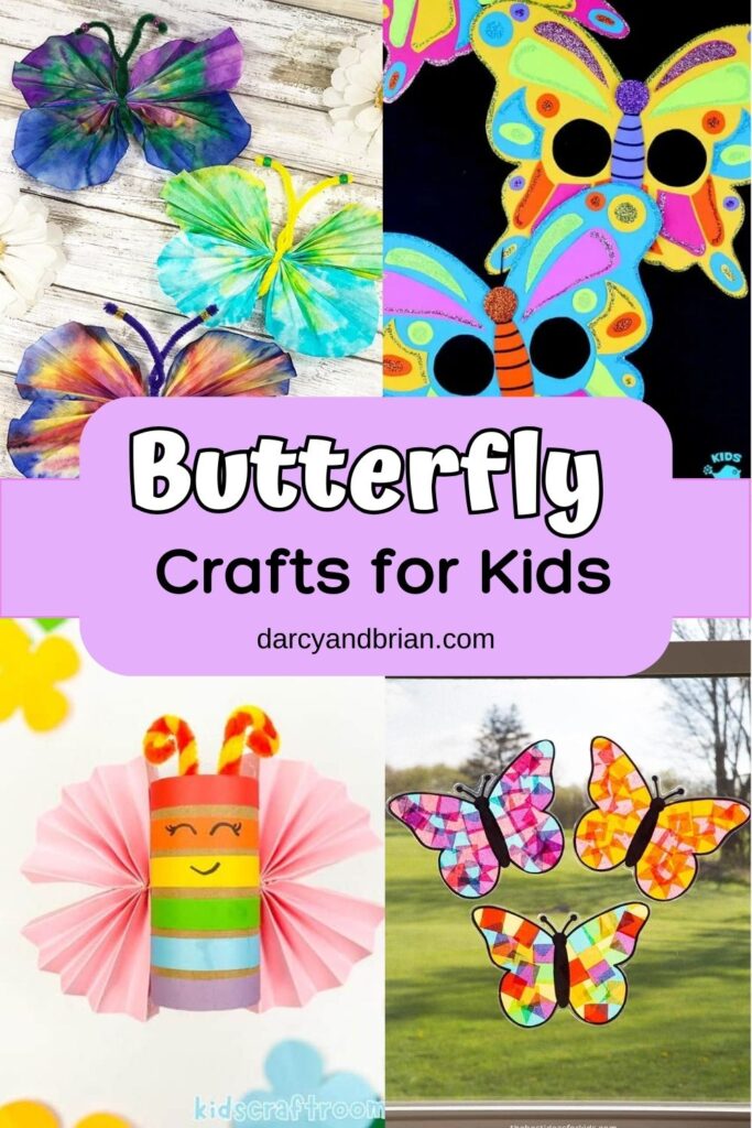 Collage of different butterfly craft projects. Includes coffee filters, toilet paper roll, suncatcher, and a mask.