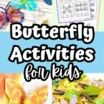 Image collage with coffee filter butterflies, counting worksheets, a paper plate craft, and a sensory bin. White text outlined with black on a light blue background in the middle says Butterfly Activities for Kids.