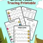Preview of all five campfire line tracing and handwriting practice worksheets on a bright blue background with tent clipart.