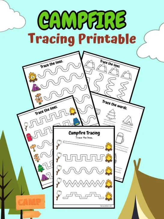 Preview of all five campfire line tracing and handwriting practice worksheets on a bright blue background with tent clipart.