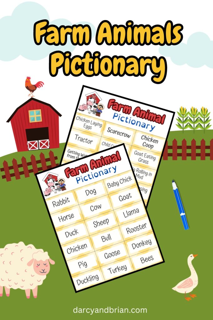 Two pages of farm themed drawing prompts overlapping on an illustrated background of a farmyard. Text at top says Farm Animals Pictionary.