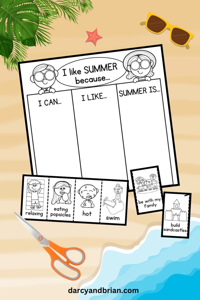 Digital mockup of worksheet with different pictures related to summer activities that kids can cut and glue onto columns labeled I can, I like, summer is.