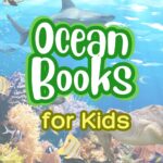 White text outlined in green says "Ocean Books" with yellow text underneath that says "for Kids." Text is on an image of a shark and fish swimming.