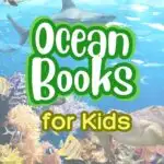 White text outlined in green says "Ocean Books" with yellow text underneath that says "for Kids." Text is on an image of a shark and fish swimming.