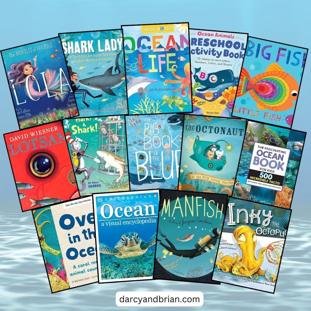 Collage of 14 different books about the ocean for kids on a water background.