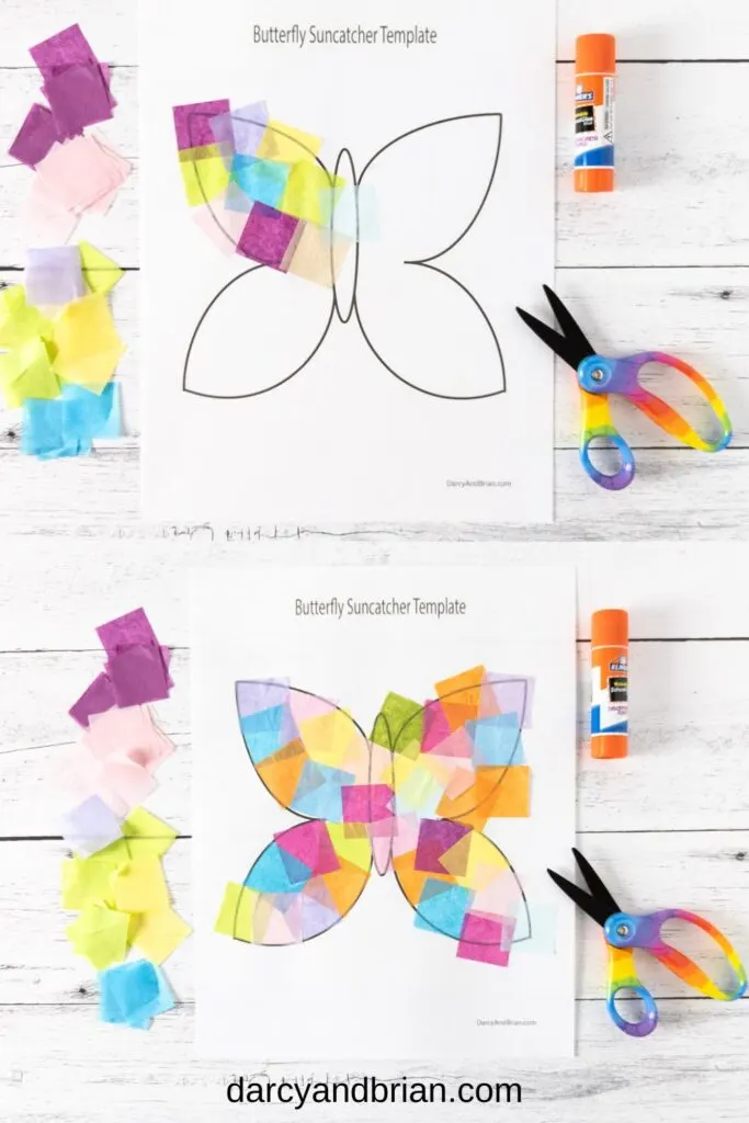 Top image shows butterfly outline partially filled with tissue paper squares glued in a mosaic fashion. The bottom image shows a butterfly template completely covered with tissue paper in assorted colors.