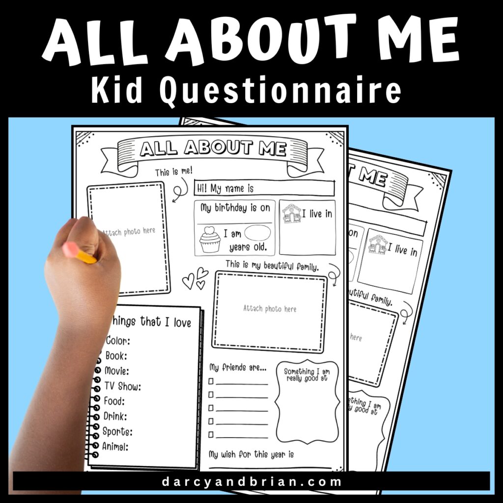 Two worksheets with questions to get to know each other overlap. Includes questions like name, birthday, things like to do, friends, etc. Child hand holding a pencil in left hand over the paper.