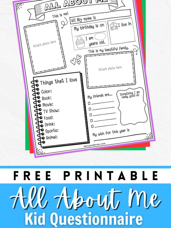 Mockup of worksheet with questions for kids to answer about themselves on top of different colors of paper. Text at bottom says printable All About Me Questionnaire.