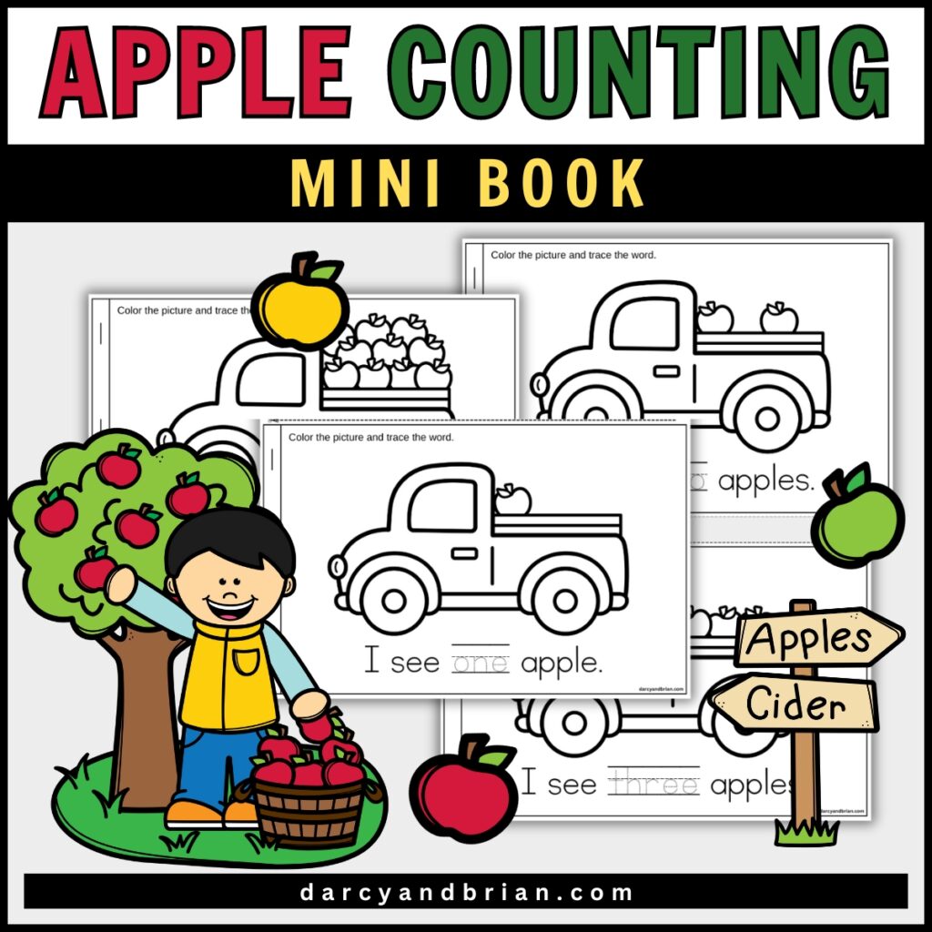 Printable apple counting book overlapping on a white background. Cute kid holding apples in lower left corner. Red, green, and yellow text says Apple Counting Mini Book.