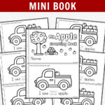 Mockup showing several apple counting book on white background. Black and white text says Free Printable Apple Counting Mini Book.