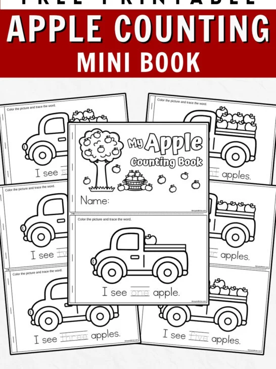 Mockup showing several apple counting book on white background. Black and white text says Free Printable Apple Counting Mini Book.