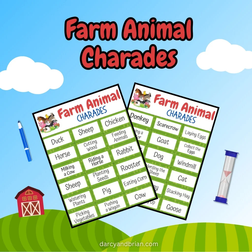 Farm charades word list pages overlapping each other on a sky background with a small red barn on a green hill.