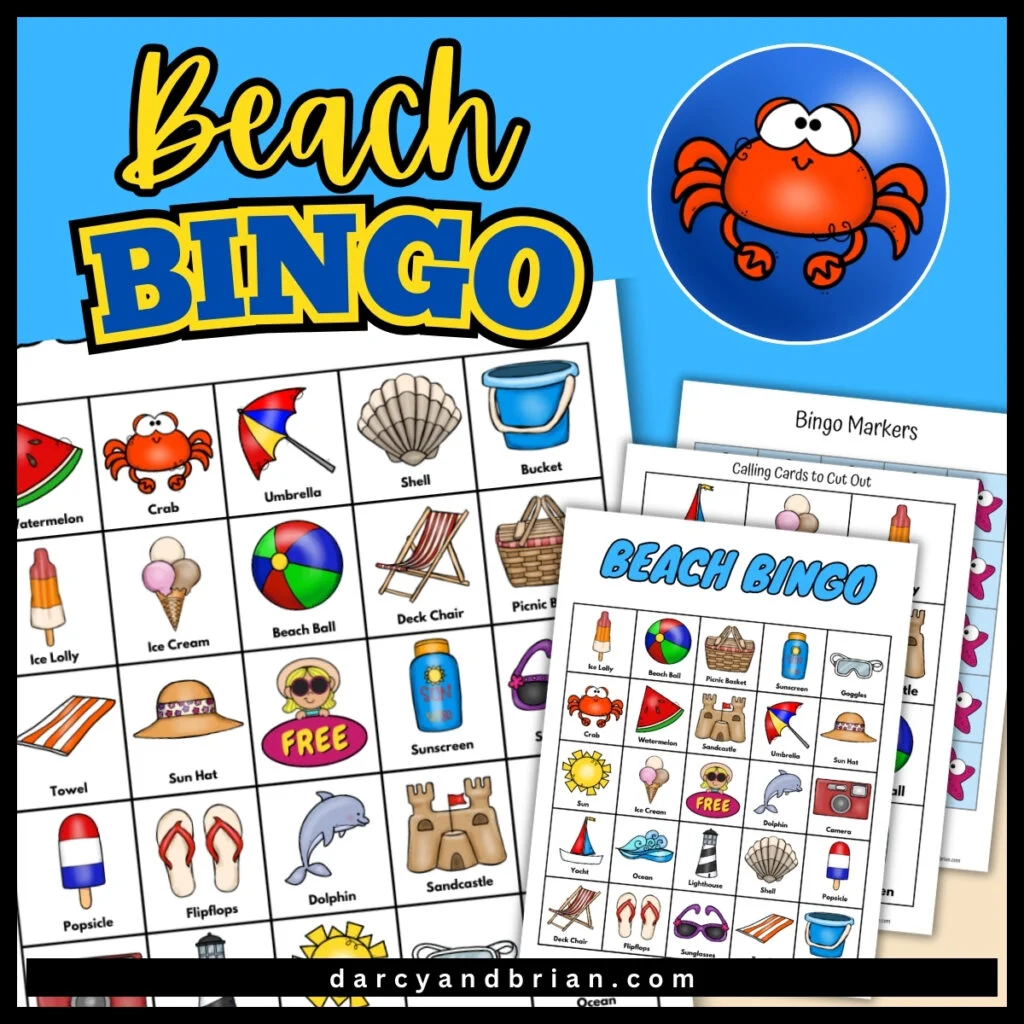 Printable beach bingo game and calling cards overlapping on a blue background. Cute crab in a blue circle in upper right corner. Yellow and blue text says Beach Bingo.