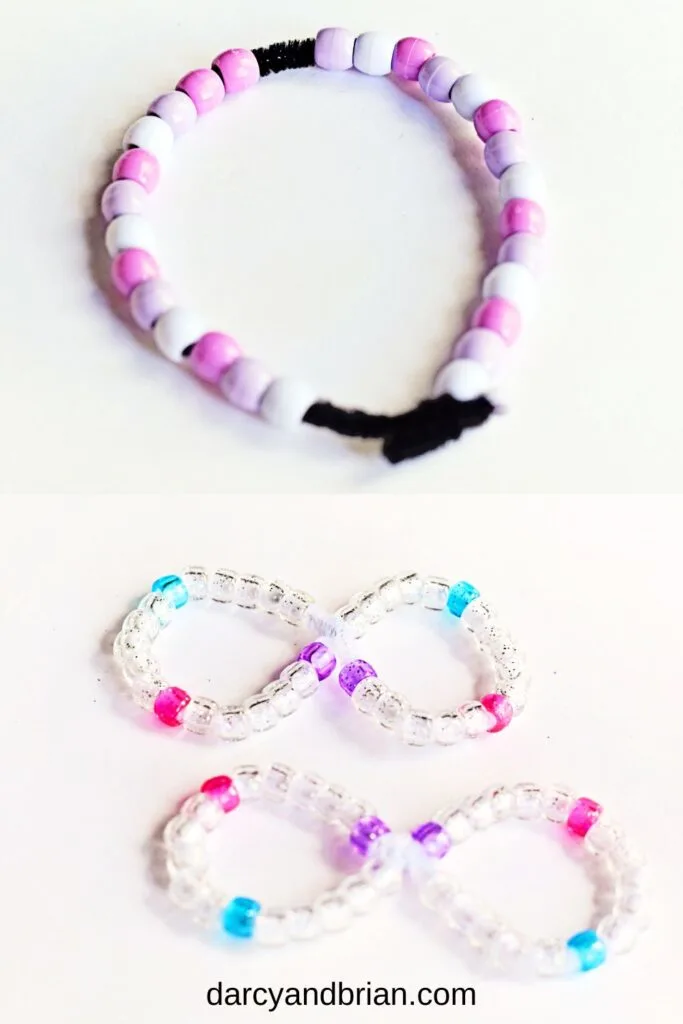Top shows pink and white beads on black pipe cleaner forming a circle. Bottom shows translucent glittery beads on white pipe cleaner twisted to look like sideways eights.