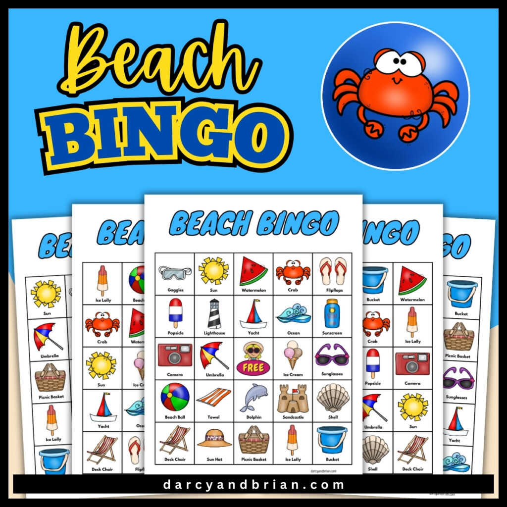 Preschool bingo game with printable cards and colorful beach related images.