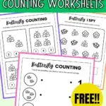 Mockup showing butterfly counting worksheets on a green background. Text at the upper saying Butterfly Counting Worksheets.