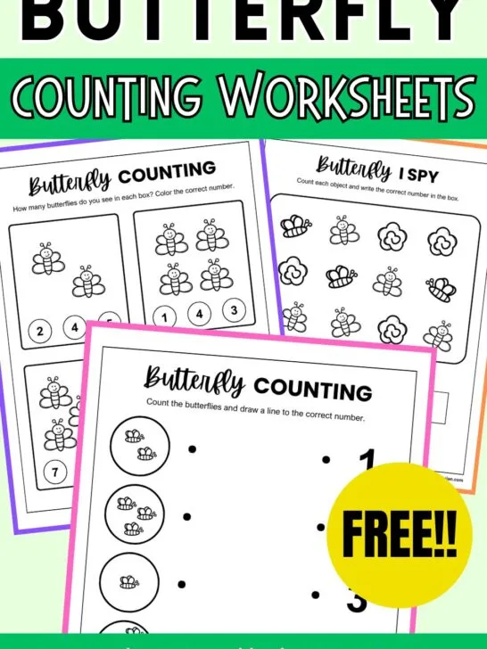Mockup showing butterfly counting worksheets on a green background. Text at the upper saying Butterfly Counting Worksheets.