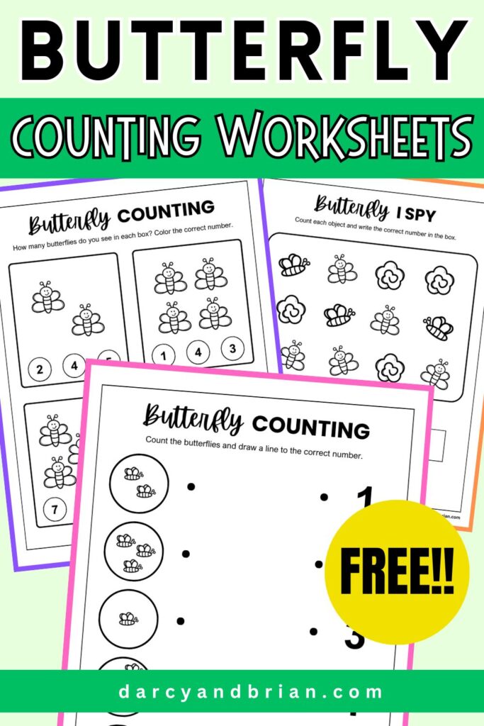 Mockup showing butterfly counting worksheets on a green background. Text at the upper saying Butterfly Counting Worksheets. 