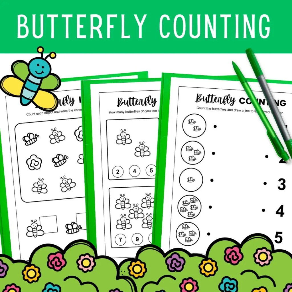 Butterfly counting worksheets overlapping on a white background. White text says Butterfly Counting.