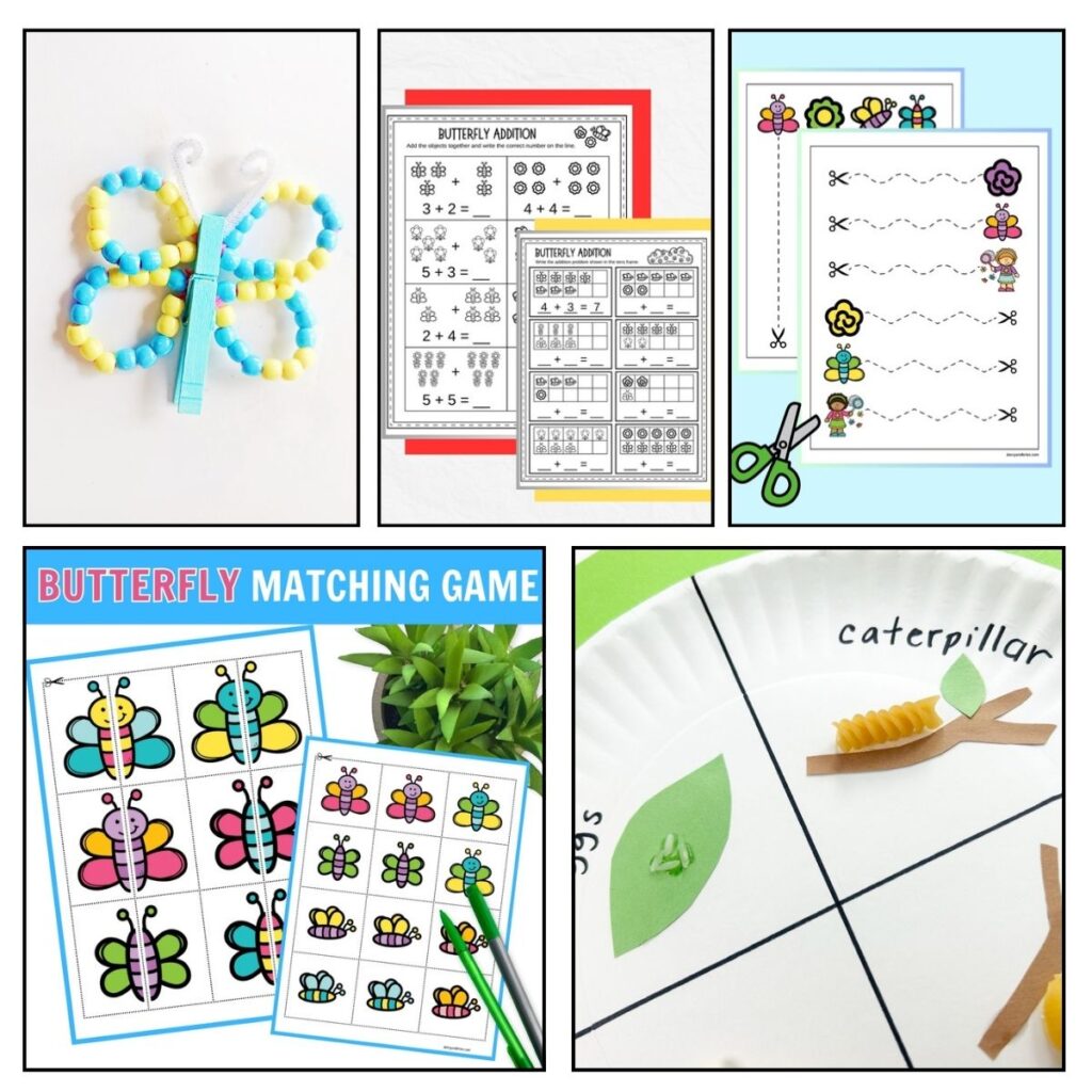 Collage with five different butterfly themed activities featured. Clothespin and bead craft, math worksheets, scissors practice, matching game, and a life cycle craft.