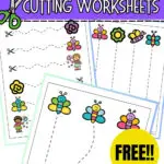 Mockup showing several butterfly cutting worksheets. Text at the top says Butterfly Cutting Worksheets.