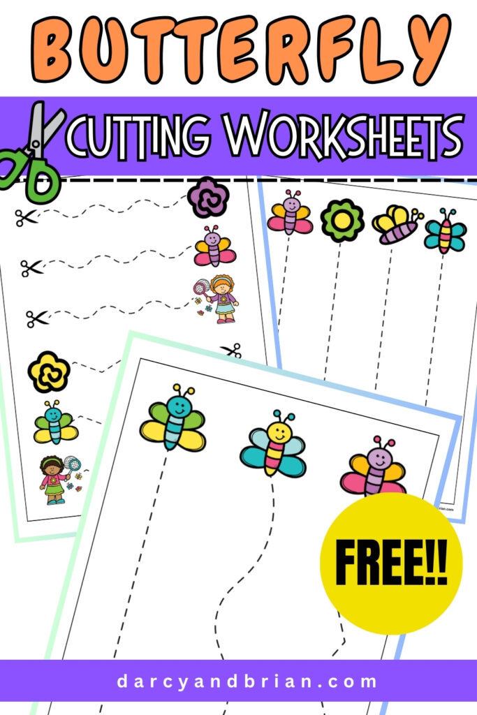 Mockup showing several butterfly cutting worksheets. Text at the top says Butterfly Cutting Worksheets.
