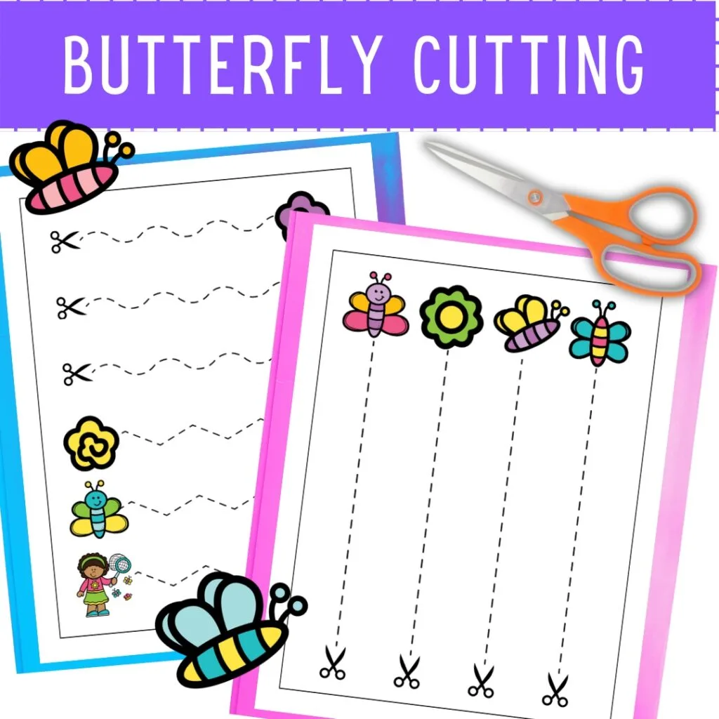 Butterfly cutting worksheets overlapping on a white background. White text saying Butterfly Cutting.