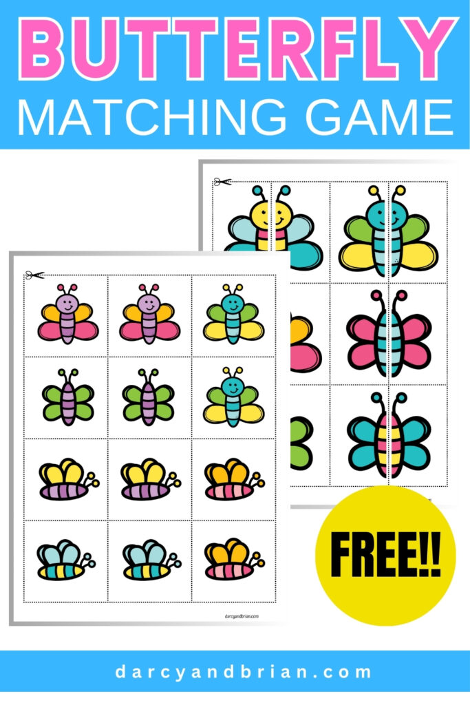 Mockup of printable matching game cards with colorful butterfly clipart on it. Top has pink and white text on blue background that says butterfly matching game.