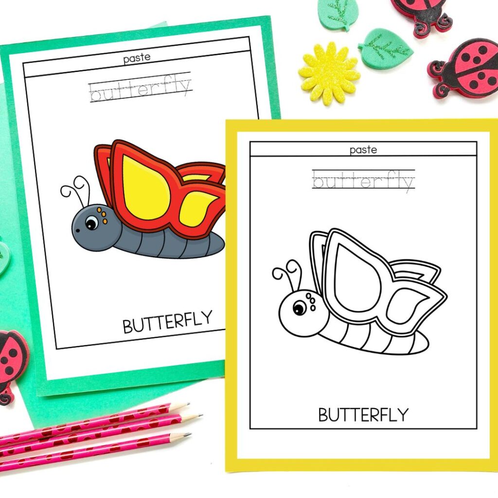 Color and black and white version of the butterfly page showing the illustration and the dashed word to trace. Image is decorated with flowers, ladybugs, and pencils.