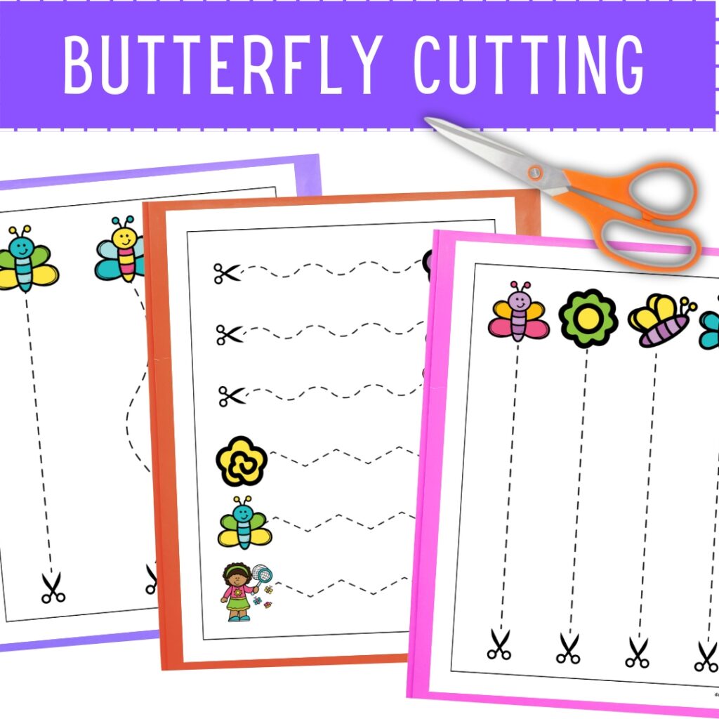 Three pages with a variety of straight and wavy lines overlapping on white background. Pair of scissors in upper right corner under the words "butterfly cutting."