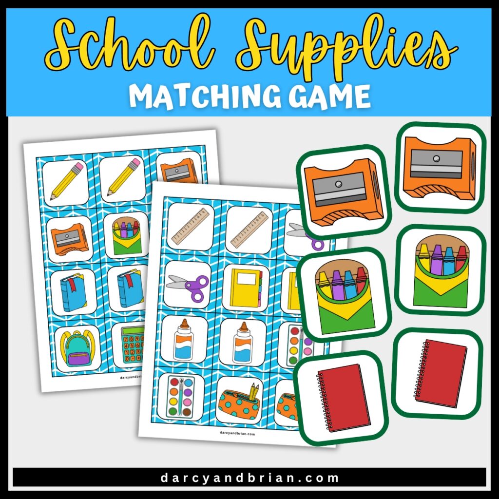 Game cards with crayons, notebooks, pencil sharpeners and other items for the classroom in game mockup.