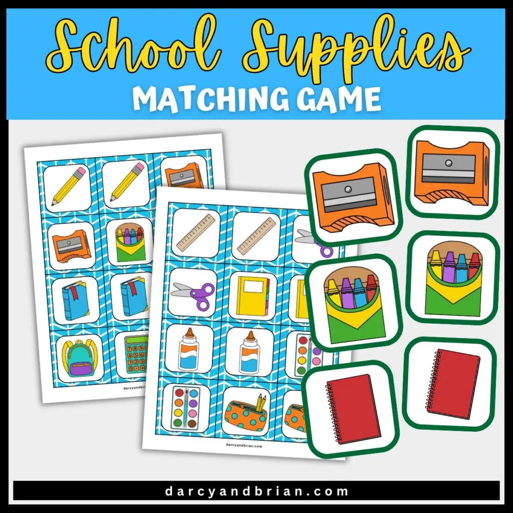 Game cards with crayons, notebooks, pencil sharpeners and other items for the classroom in game mockup.