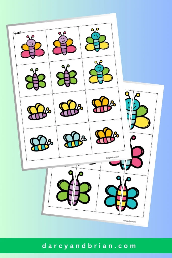Two pages of butterfly game cards to cut apart and match up on a blue gradient background.