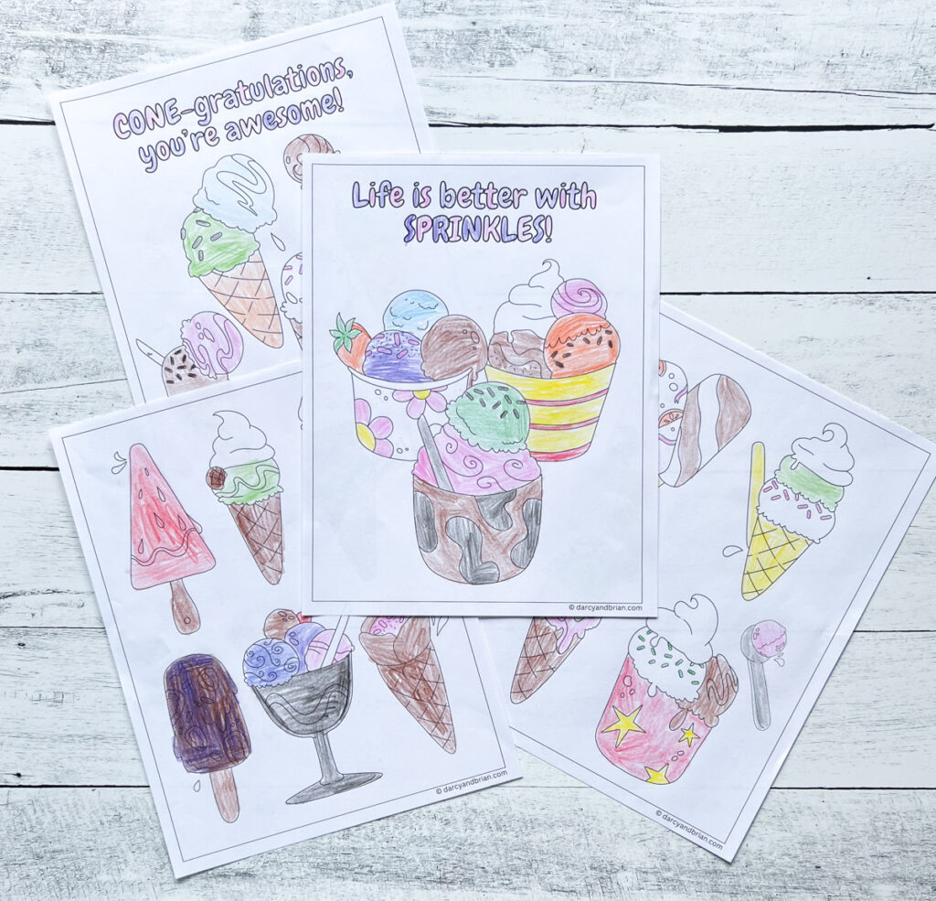 Popsicles, sundaes, and ice creams coloring pages printed out and filled in.