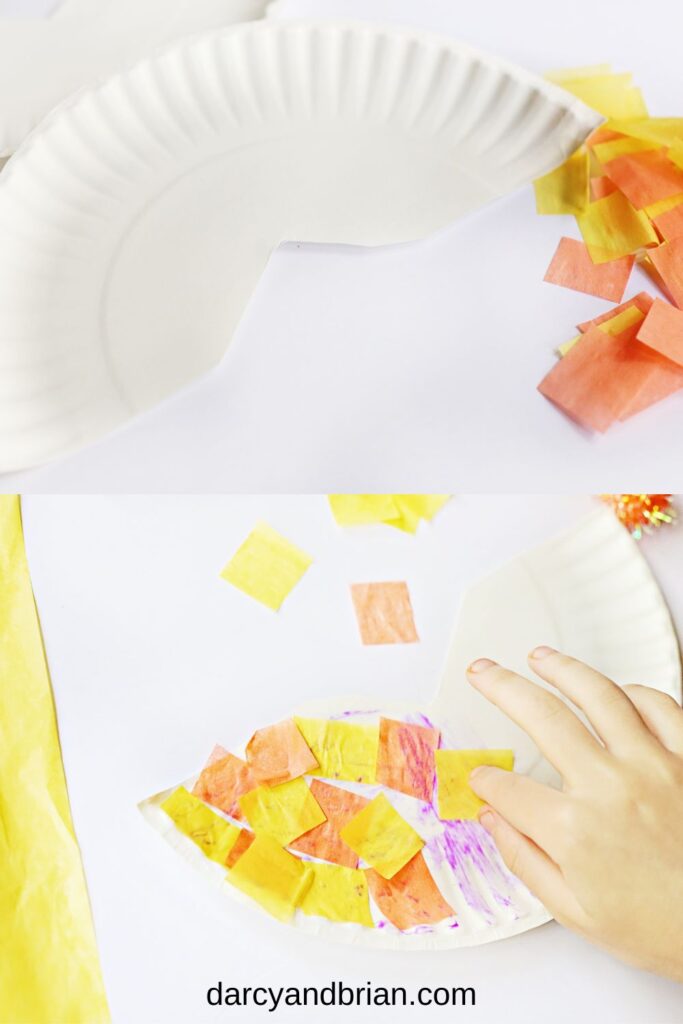 Top image shows half of a paper plate with a triangle cut out of the side. Bottom image shows a child's hand gluing tissue paper to the plate.