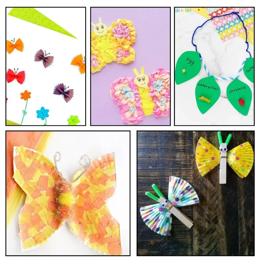 Square collage of five different types of butterfly kids crafts. Some made with tissue paper, paper plates, clothespins, pasta, and one a life cycle necklace.