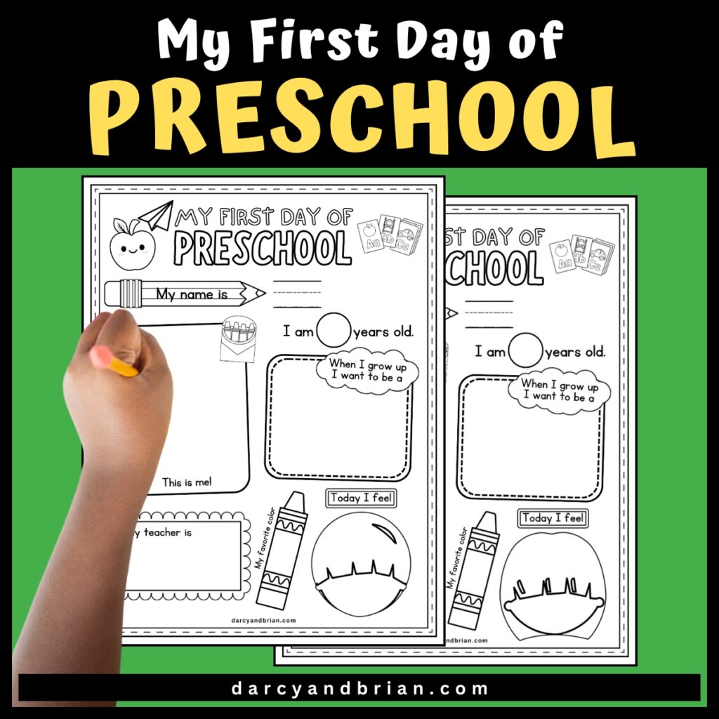 Digital mockup with a child's left hand holding a pencil over the worksheet with information to fill in when starting preschool.
