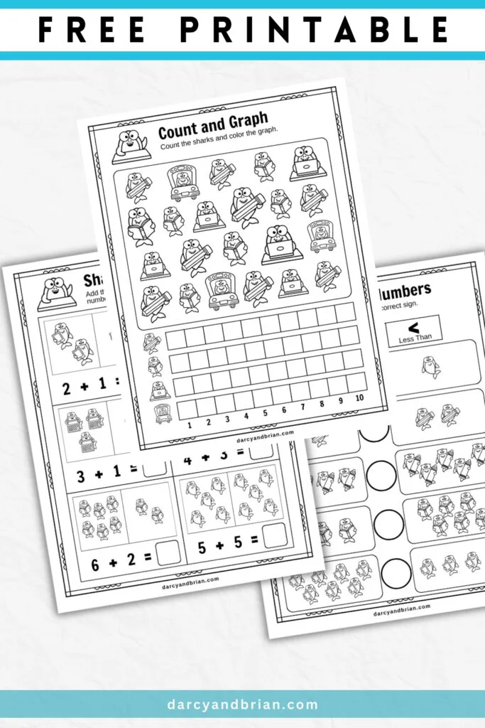 Mockup image with three pages overlapping. Counting and bar graphing, addition, and number comparison. All arithmetic problems have a shark theme.