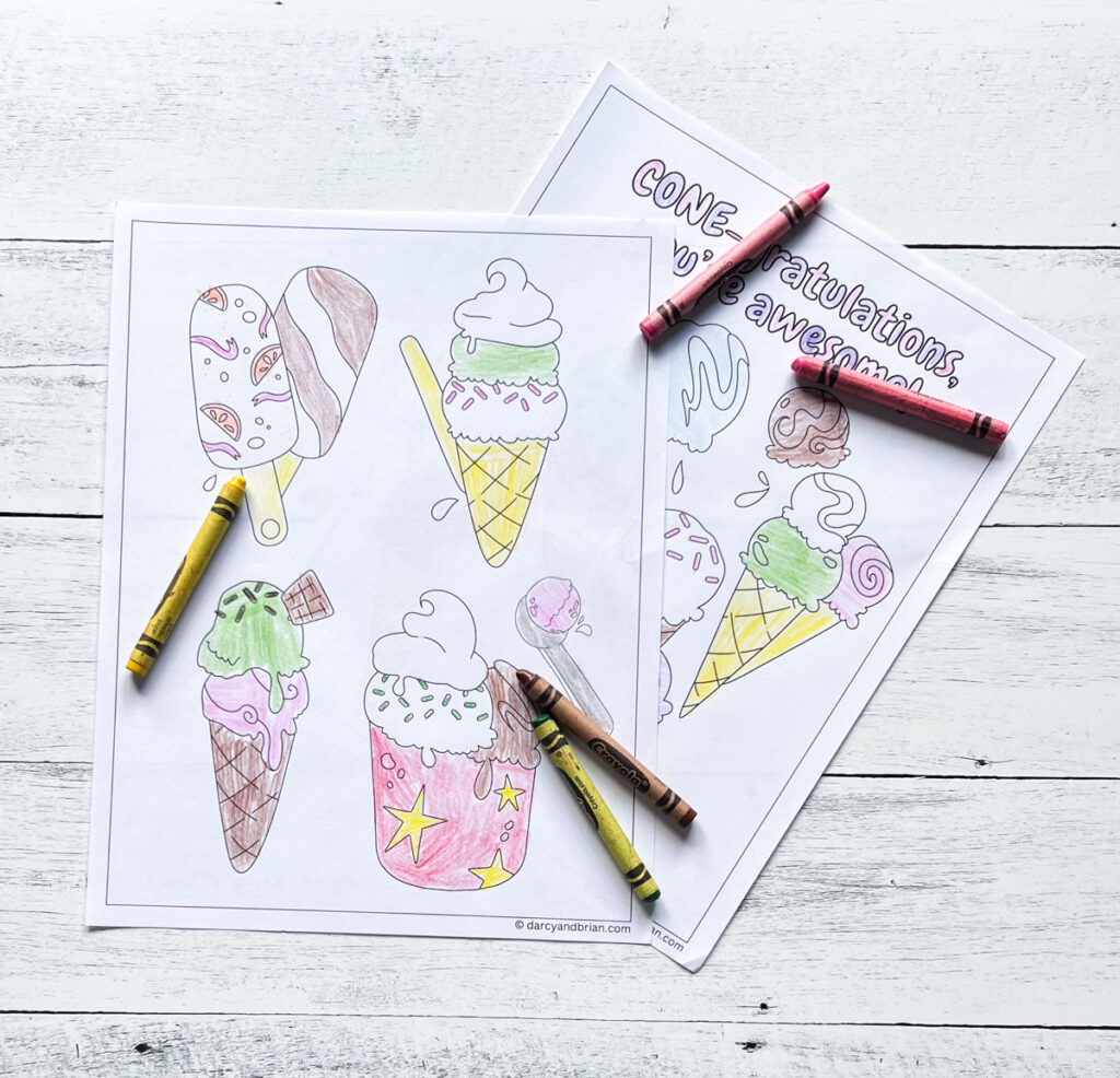 Two pages with pictures of ice cream desserts colored in with crayons.