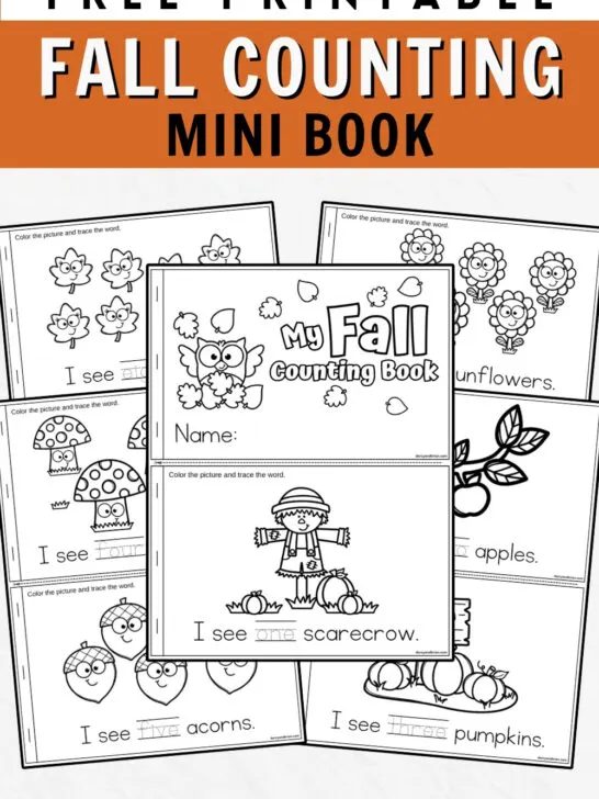 Mockup showing several fall counting books on white background. White and black text says Free Printable Fall Counting Mini Book.